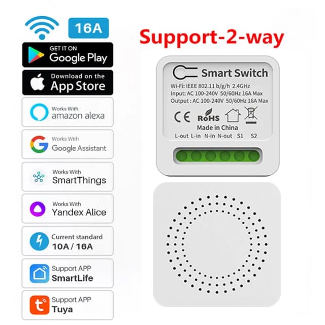 16A Tuya Smart WiFi Switch Suporte 2-Way DIY Switches Mini Smart Breaker Controle de Vida Inteligente Suporte Alexa Google Alice