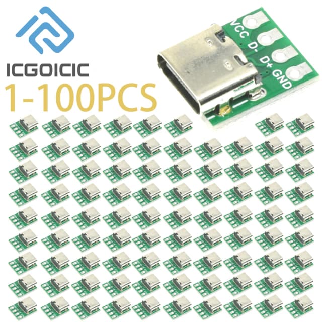 1-100 peças conector usb 3.1 tipo c-adaptador de placa pcb de 16 pinos, soquete para transferência de cabo de linha de dados