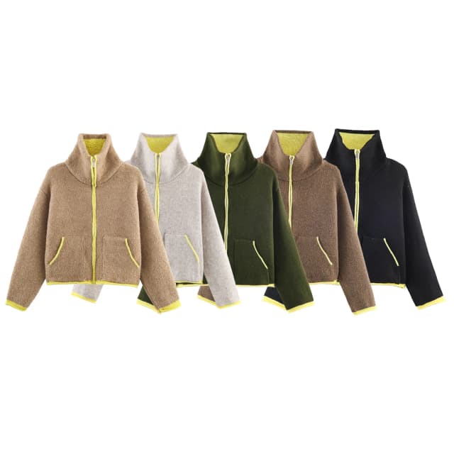 2025 inverno novo produto feminino estilo preguiçoso solto cor contrastante camada decorativa casaco de piloto de malha