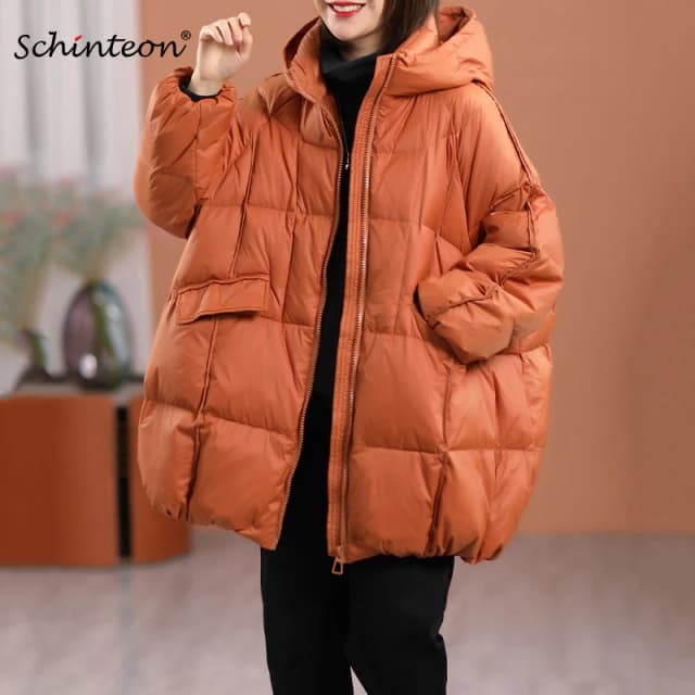 Schinteon feminino pato branco para baixo jaqueta com capuz outono inverno quente outwear casual solto sobre tamanho outwear casaco grosso 2023 novo