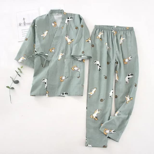 2025 novo conjunto de pijamas kimono estilo japonês de sete mangas feminino primavera e outono 100% algodão gaze roupas para casa bonito doce dois-p