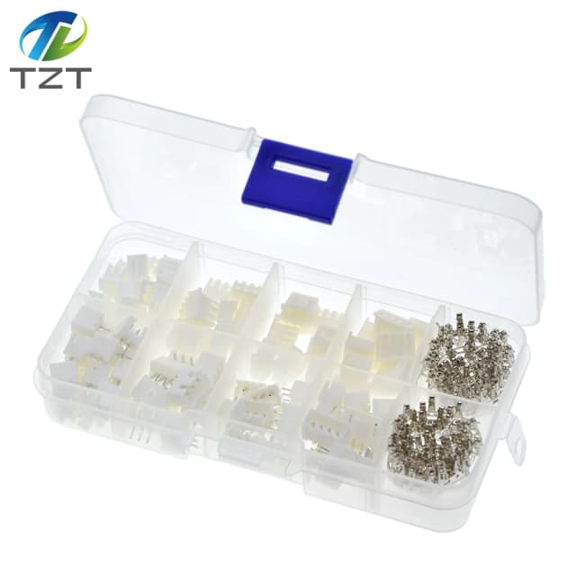 Tzt 250 peças 50 jogos/caixa kit 2.54mm xh2.54 2p 3p conector de 4 pinos + agulha reta + adaptador de fio de cabeçote de soquete de bloco terminal