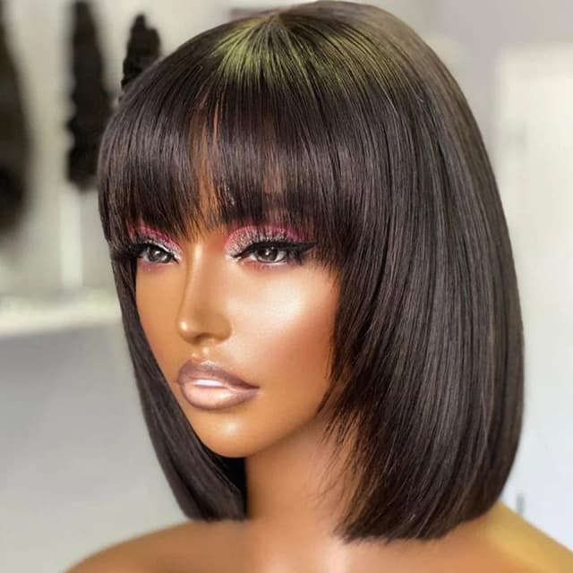 Brasileiro curto cabelo reto bob perucas de cabelo humano com franja remy máquina completa feita peruca para mulheres não rendas sem cola bob peruca