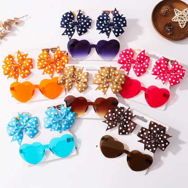 3 pçs/set crianças bonito sólido ponto hairpin colorido coração óculos de sol conjunto meninas boutique bowknot grampos de cabelo crianças acessórios para o cabelo