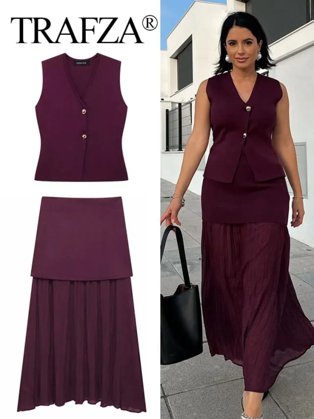 Trafza 2025 conjunto de saia feminina vinho vermelho malha com decote em v sem mangas colete fino + sólido cintura alta zíper retalhos saia longa rua