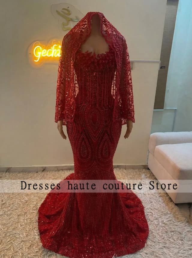 Vestido de Baile Vermelho com Miçangas, Lantejoulas e Cristais de Diamante 2026 para Meninas Negras, Vestido de Festa de Aniversário com Franjas, Vestido Formal Sereia Personalizado