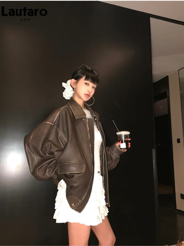 Lautaro primavera outono legal bonito retro oversized angustiado marrom macio jaquetas de couro falso para mulheres zíper pista moda
