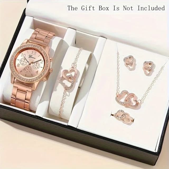 Lindo conjunto de 6 peças, 1 peça de relógio de quartzo feminino e 5 peças de joias de strass em forma de coração