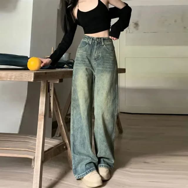 Calça jeans vintage de cintura alta, estilo americano, casual, sino, versátil, perna reta, calças compridas para mulheres