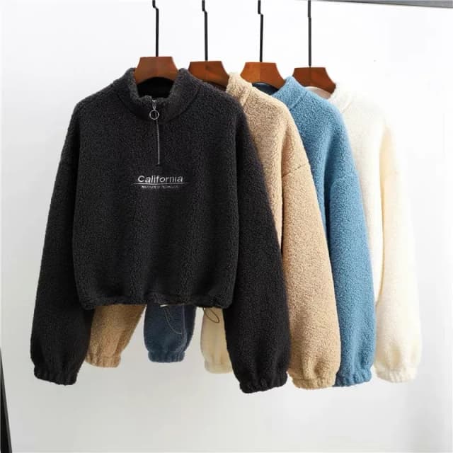 Moletons femininos recortados, carta bordada, gola em pé, manga comprida, moletom com cordão, tops casuais de veludo luxuoso, outono, novo