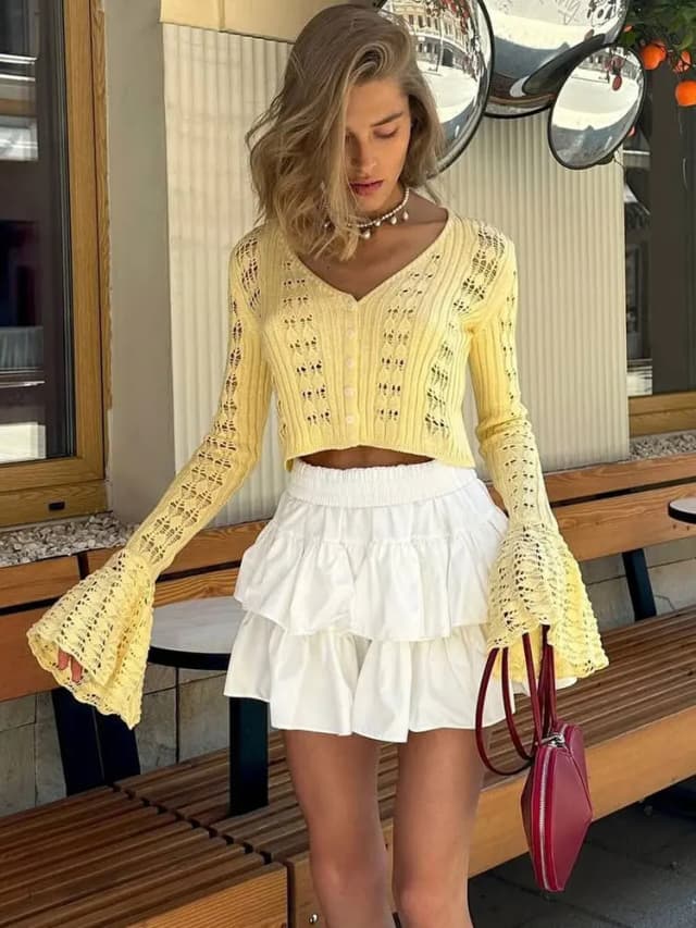 Tossy malhas oco para fora camisola cardigan feminino com decote em v manga longa transparente recortado topo verão malha retalhos cardigan topo