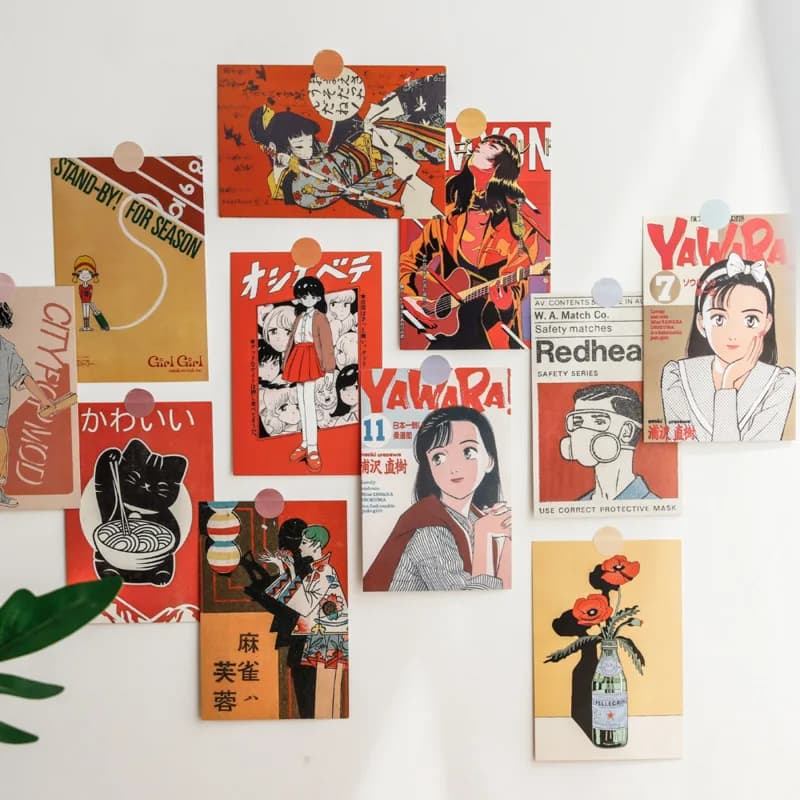 ​ Japonês showa vintage dos desenhos animados menina cartão postal bonito foto adereços quarto fundo parede criativo diy kawaii 30 folhas adesivo grátis