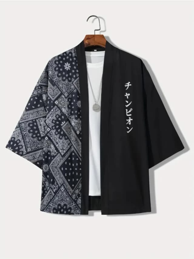 Masculino casual estilo quimono japonês carta impressão solto ajuste aberto frente camisa roupas adultas para férias de verão resort fotografia