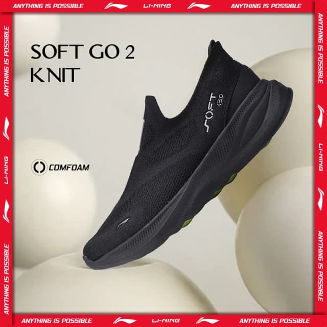 Tênis Casual Masculino Li-Ning SOFT GO 2 KNIT Slip-on com Amortecimento Confortável e Estável, Tênis Esportivo Diário de Corrida em Malha LiNing AGLV017