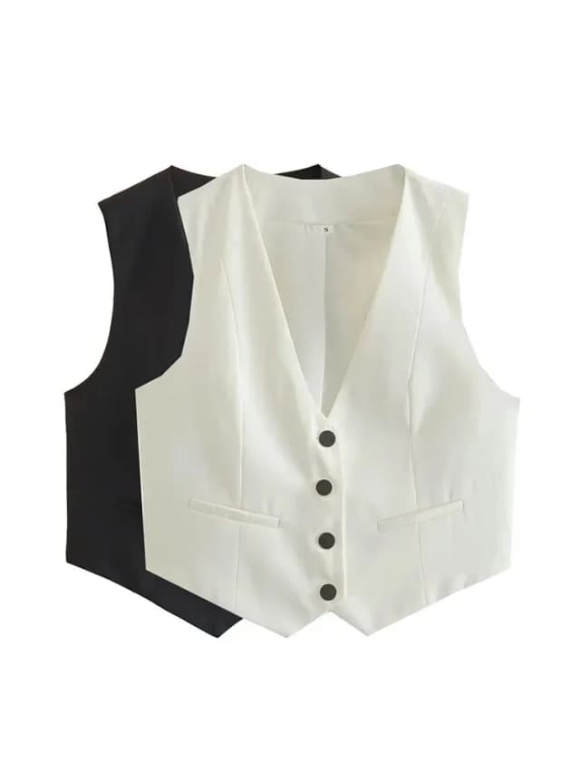 Colete recortado feminino moda botões topos vintage decote em v sem mangas casacos outerwear branco preto chique jaqueta