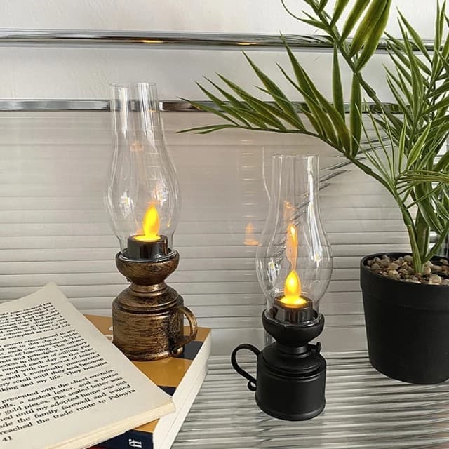 Retro castiçal sem chama castiçal querosene vela lâmpada com botão bateria luz de mesa para cabeceira ornamento foto prop