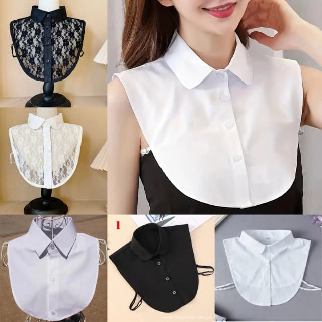 Feminino cor sólida preto branco vertical pequeno flip colarinho versátil camisa jumper moda rendas gola falsa quatro estações