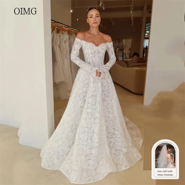 Oimg luxuoso laço fora do ombro uma linha vestido de casamento sem costas vestidos de noiva até o chão vestidos de casamento de cauda longa personalizados