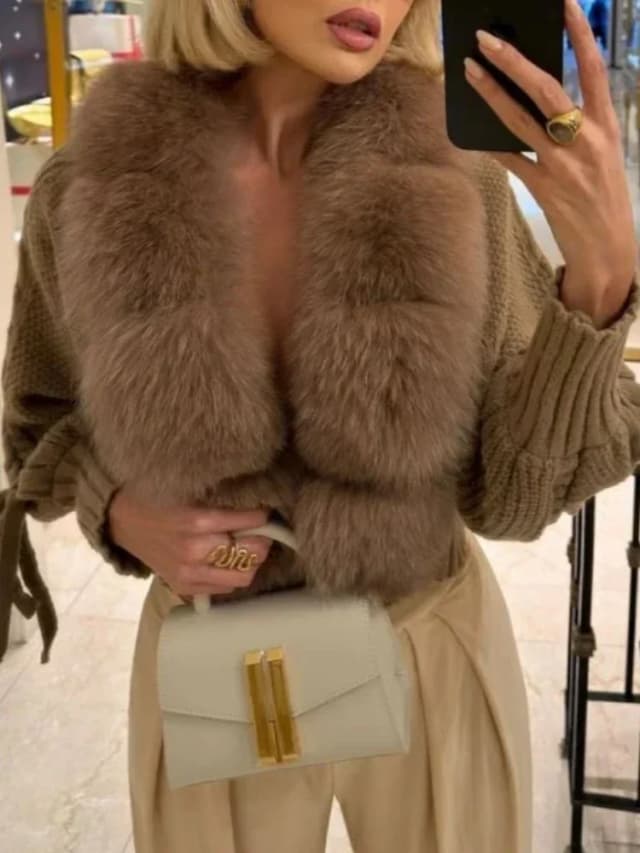2024 inverno nova moda tricô cardigan carcela casaco feminino casual real casaco de pele de raposa curto quente jaqueta de malha com pele natural