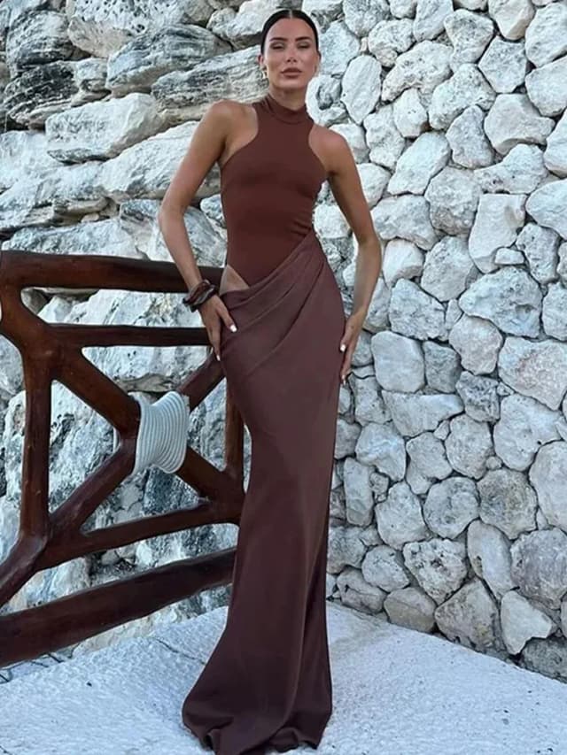 Julissa mo cetim sexy oco para fora feminino maxi vestido preto sem mangas vestido de cintura alta feminino outono magro elegante festa clubwear