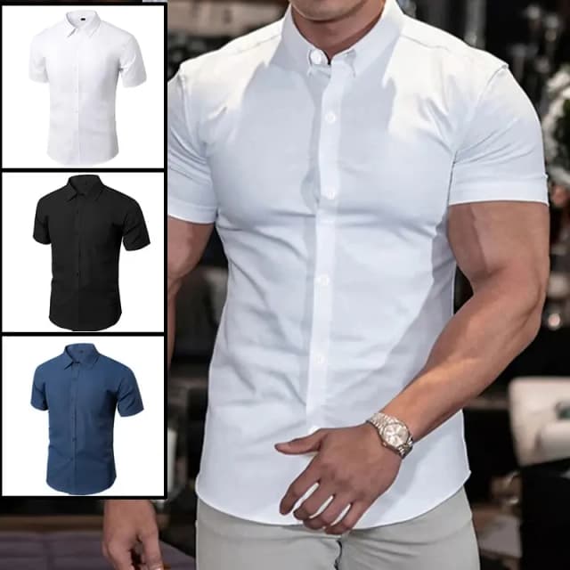 Camisa de Cor Sólida Nova Verão Men's No-Ironing Shows Figura Casual Elegante Terno Curto XL-XXXL Preto Branco Azul Marinho