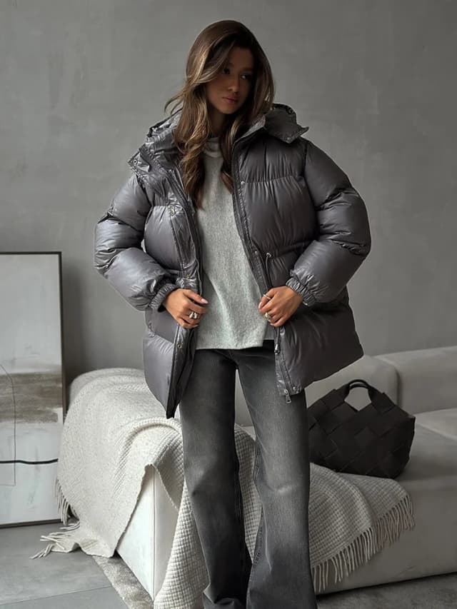 Tossy lazer feminino com capuz curto parker casaco cordão cintura quente sólido bolso zíper inverno mangas compridas 2025 parker casaco