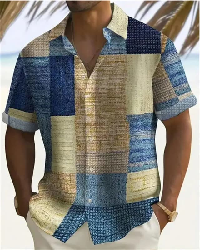 2024 bloco de cores masculino 3d impresso botão para baixo lapela camisa de manga curta tamanho grande 5xl alta qualidade praia havaiana topo
