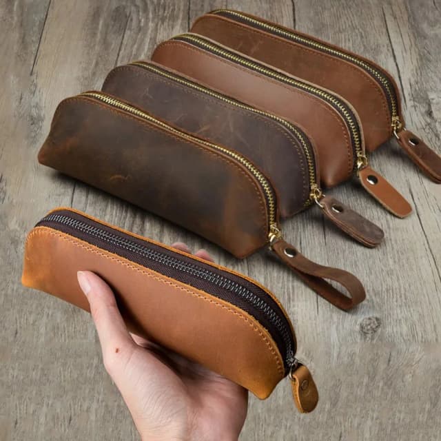Bolsa de lápis de couro vintage, simples, papelaria, estojo de caneta, armazenamento, zíper, bolsa de lápis, caixa de óculos, material escolar