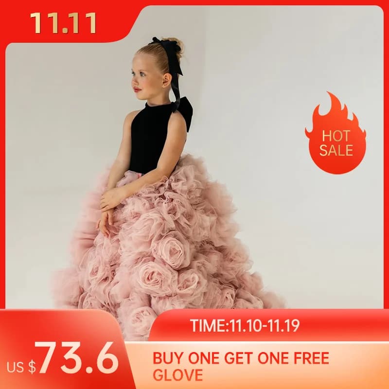 Oimg luxo bola vestidos da menina de flor alta pescoço vestido de festa de casamento flores até o chão princesa vestido de aniversário personalizado