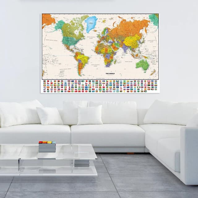 Mapa físico mundial com bandeira, 150x100cm, para educação e cultura, spray não tecido, mapa mundi, pintura, decoração de casa