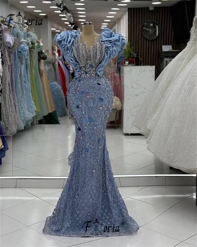Elegante azul babados ombro inchado sereia vestido de festa contas cristal noite baile evento vestidos árabe formal personalizado casamento