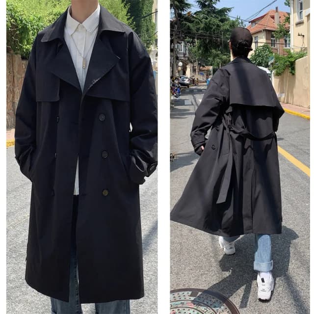Estilo coreano primavera trench coat masculino streetwear blusão trenchcoat masculino sólido negócios casual solto longo casaco