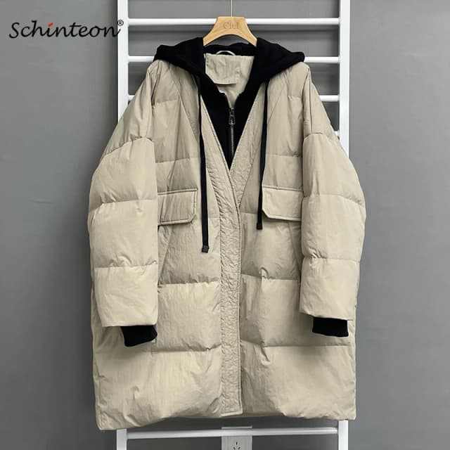 Schinteon feminino pato branco para baixo sobre tamanho jaqueta outono inverno quente casual outwear com capuz falso duas peças retalhos casaco 2023