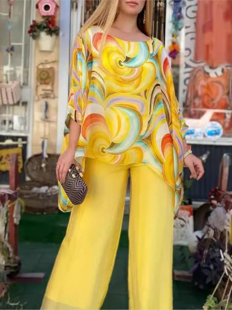 Verão feminino nova moda colorido chiffon 3/4 manga calças compridas conjunto casual em torno do pescoço impresso conjunto de duas peças para mulher