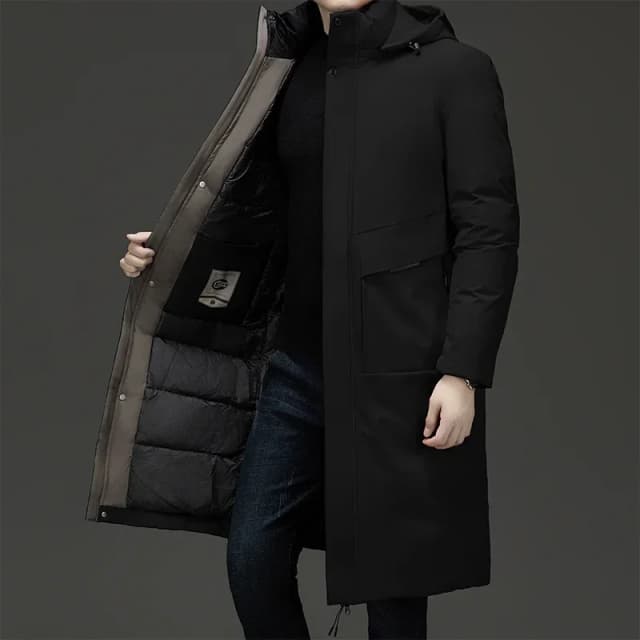 Parka masculina espessa longa, jaqueta acolchoada de algodão quente, camping de esqui ao ar livre, jaqueta com capuz à prova de frio, moda luxuosa, nova, inverno