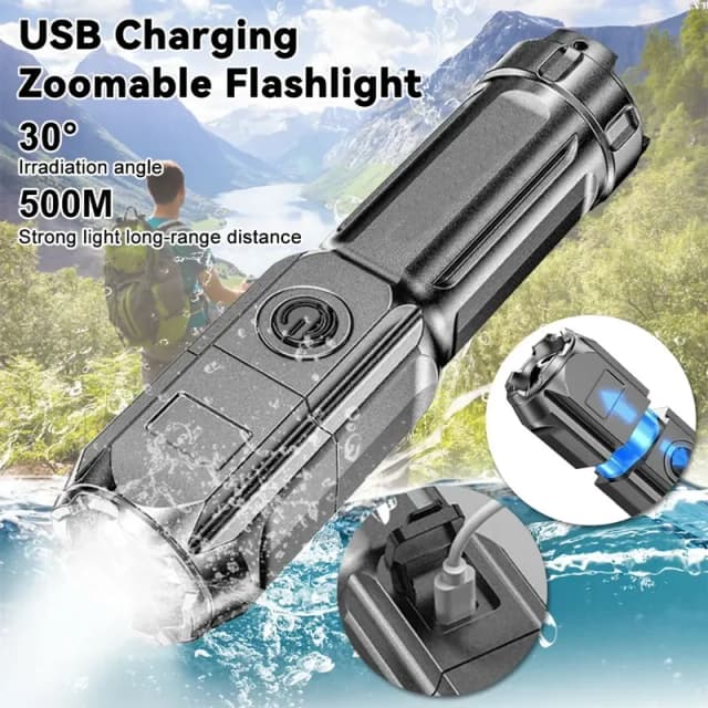 Lanterna LED portátil ABS forte luz focalizando lanterna USB recarregável ao ar livre casa forte luz Searchlight impermeável
