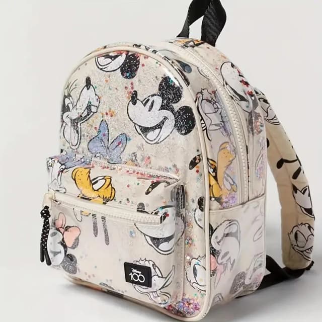 Mochila Disney Minnie Mouse Glitter – Design fofo de desenho animado com alças ajustáveis, mochila de viagem transparente para pessoas