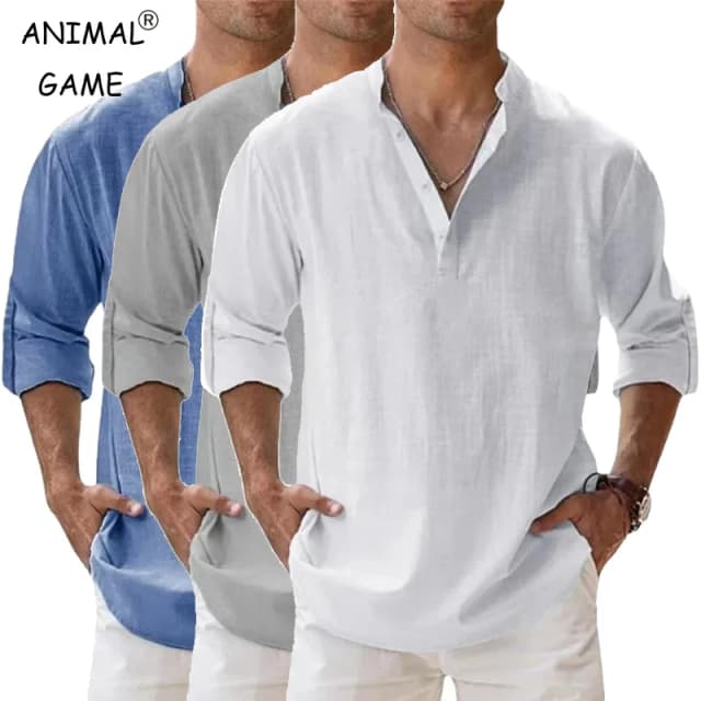 Camisas leves masculinas de manga comprida, camisas de linho de algodão henley para homens, camisas havaianas de praia, gola respirável