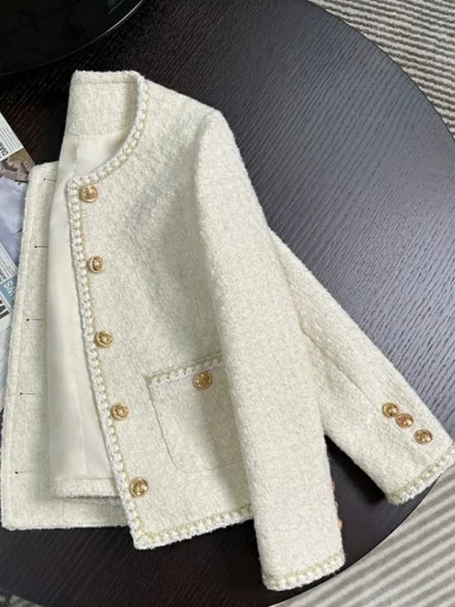 Jmprs chique branco tweed jaquetas femininas coreano manga longa doce casaco moda o pescoço elegante casual feminino todos os jogos outwear topos