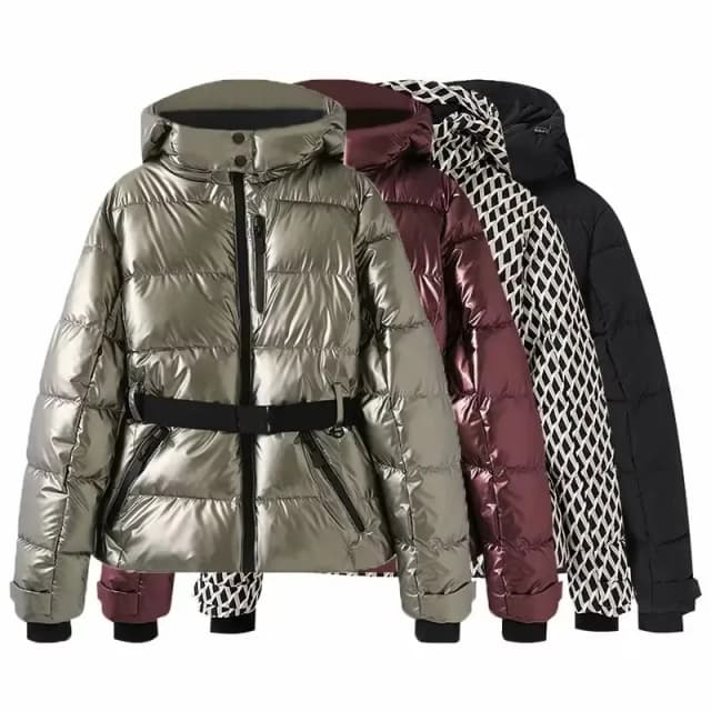 Inverno feminino com capuz cintura alta acolchoado esporte parkas casacos com cinto feminino elegante grosso bolsos quentes jaquetas de esqui à prova de vento