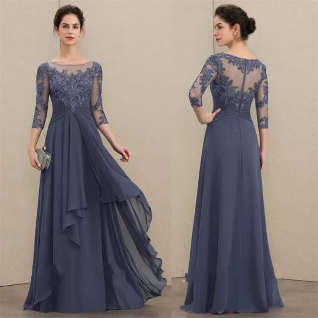 Elegante vestido de chiffon linha A com babados em cascata, pescoço colher, até o chão, renda, mãe da noiva, Prom Evening Go, azul marinho
