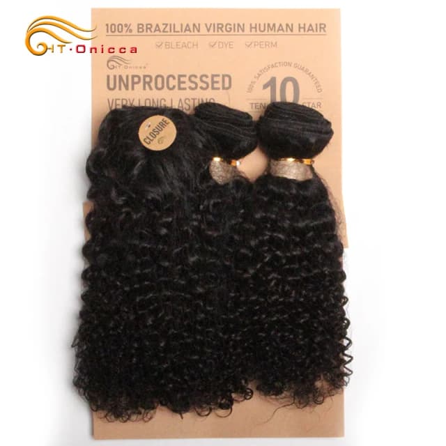 Pacotes encaracolados kinky com fecho natural feixes de cabelo humano curto pacotes de cabelo indiano com fecho circular