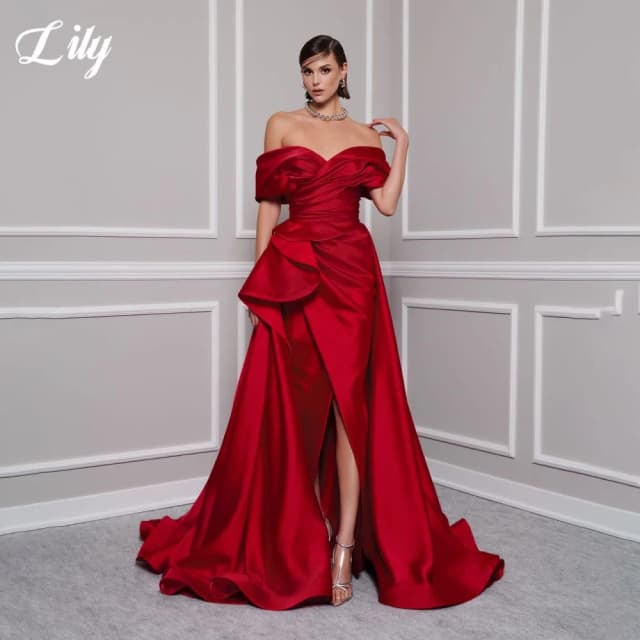Lily vermelho elegante vestido de baile com decote em v fora do ombro vestido de festa para mulher cetim plissado lado split vestidos de noite personalizado