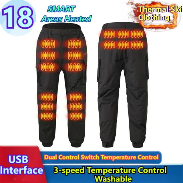Calça cargo masculina aquecida com 18 áreas -30 °   Calças quentes de esqui USB Controle de temperatura infravermelho inteligente Terno de neve Jaqueta de aquecimento de inverno