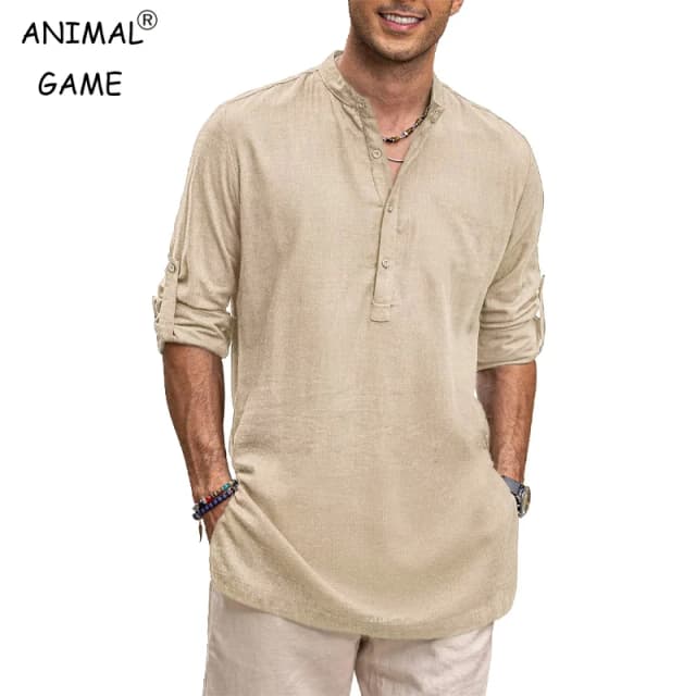 Camisas Henley de algodão masculinas, camisetas de manga comprida com botões, camisas de praia, camisa casual de negócios, cor sólida, gola, streetwear