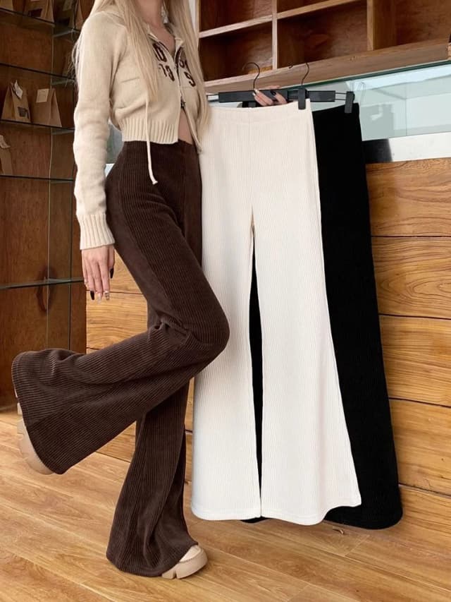 Jmprs vintage preto veludo alargamento calças femininas casuais de cintura alta calças coreanas outono inverno feminino design simples calças sólidas