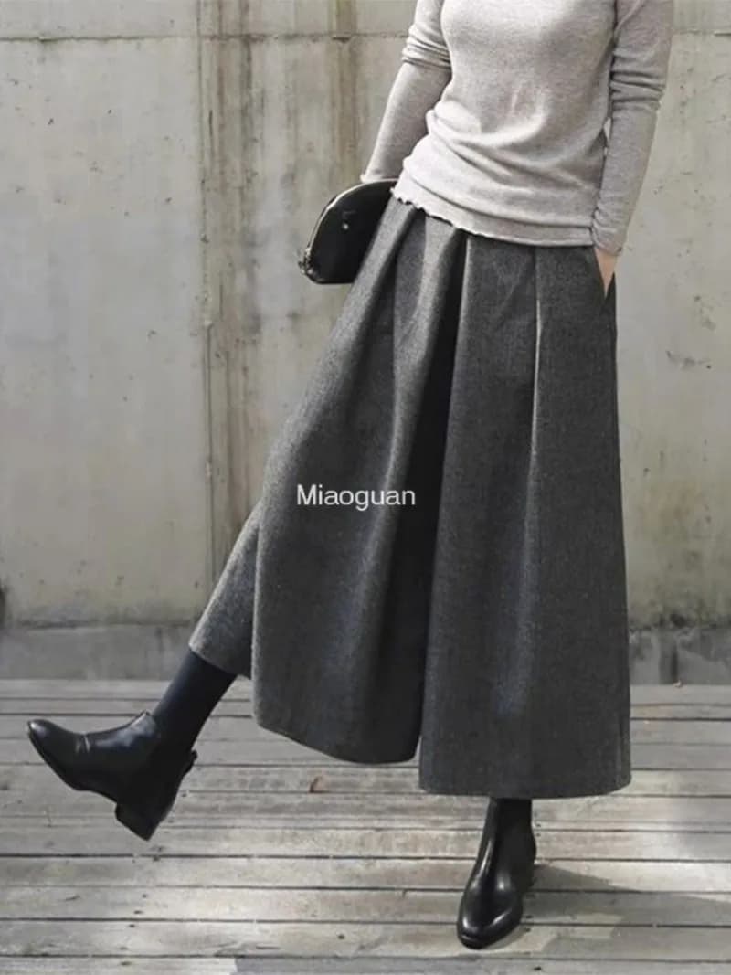 Calças de perna larga de lã feminina rua cintura alta solta moda feminina calça saias 2024 conforto outono inverno engrossar senhora calças