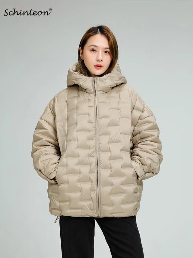 Schinteon feminino luz 90% pato branco para baixo jaqueta casual solto sobre o tamanho outono inverno outwear com capuz casaco de alta qualidade 2025