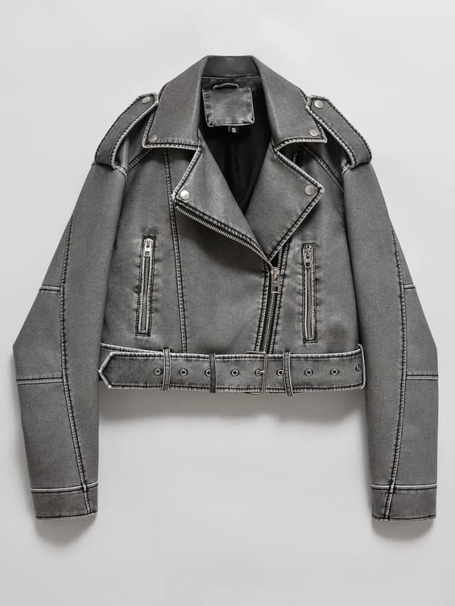 Ailegogo feminino vintage solto lavado couro falso jaqueta curta streetwear feminino zíper cinto moto motociclista retro casaco outwear topos