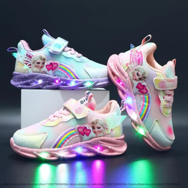 Disney led tênis casuais rosa roxo para primavera meninas congelado elsa princesa impressão sapatos ao ar livre crianças iluminados sapatos antiderrapantes